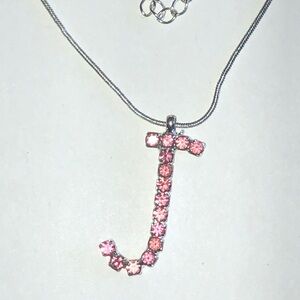 Pink Crystal J Initial Necklace